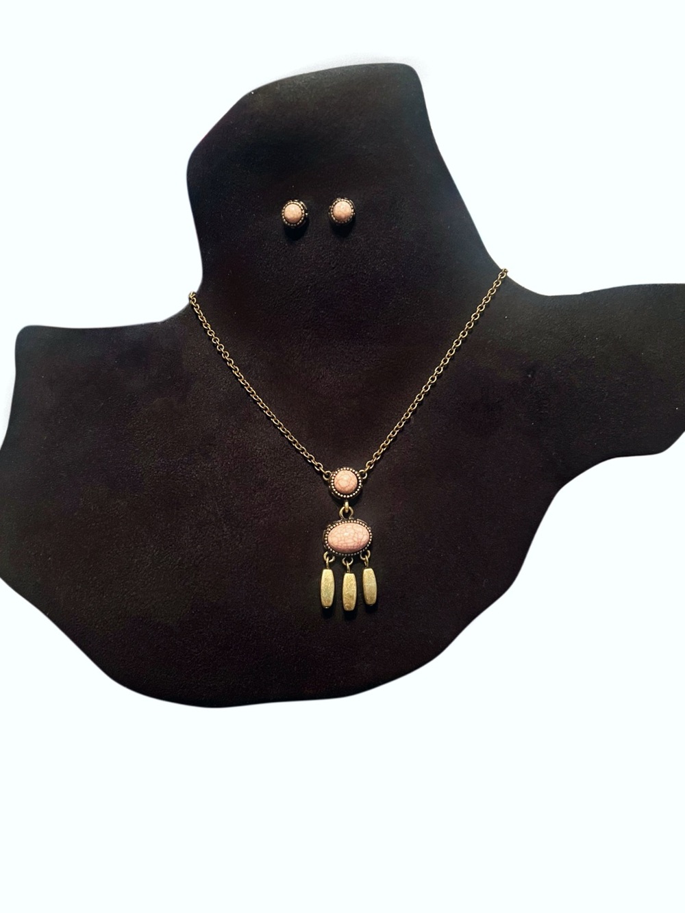 Boho Blush Stone Antique Gold Necklace/Earring Set
